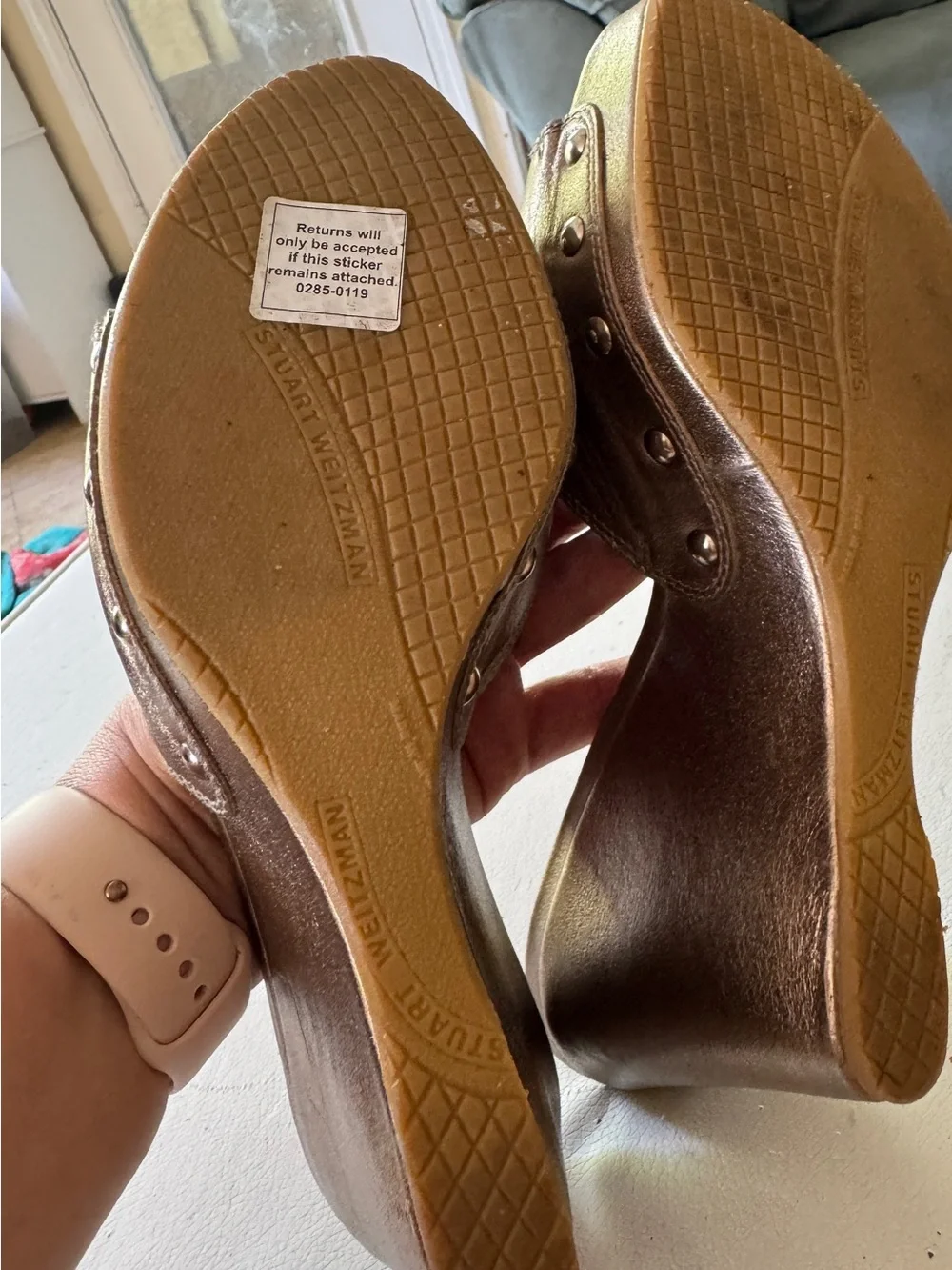 Stuart Weitzman Bronze Metallic Wedge Mules